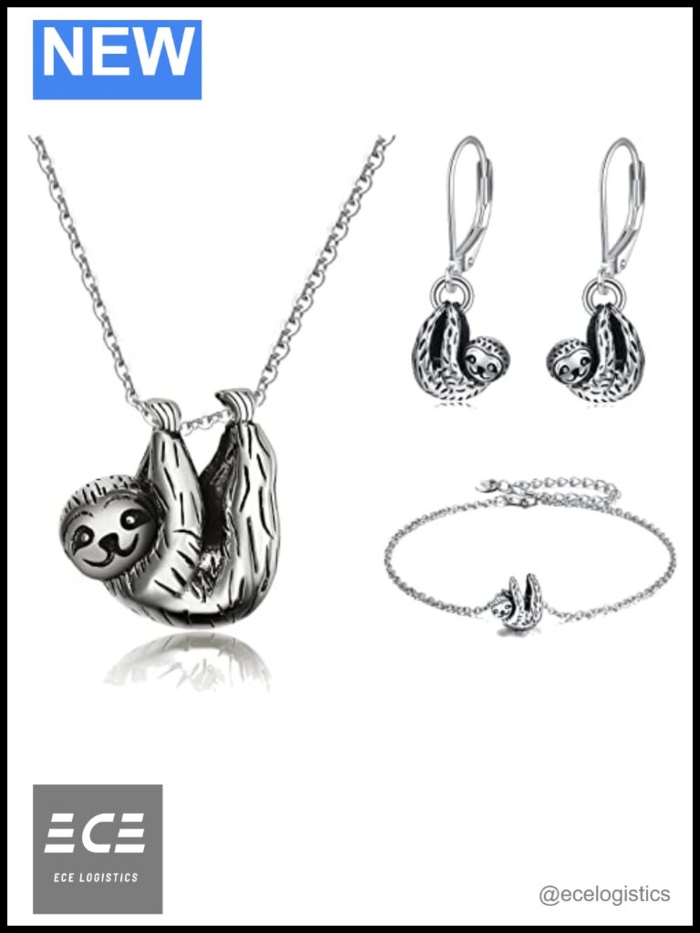 Sterling Silver Sloth Jewelry Set Necklace Earrings Bracelet Gift